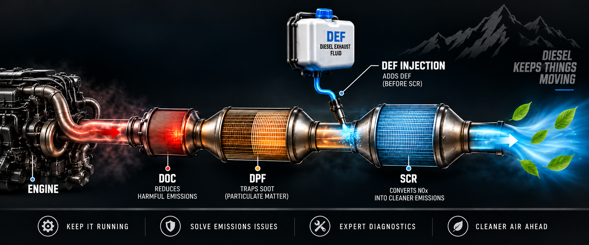 Diesel emissions system showing DOC, DPF, DEF injection and SCR components