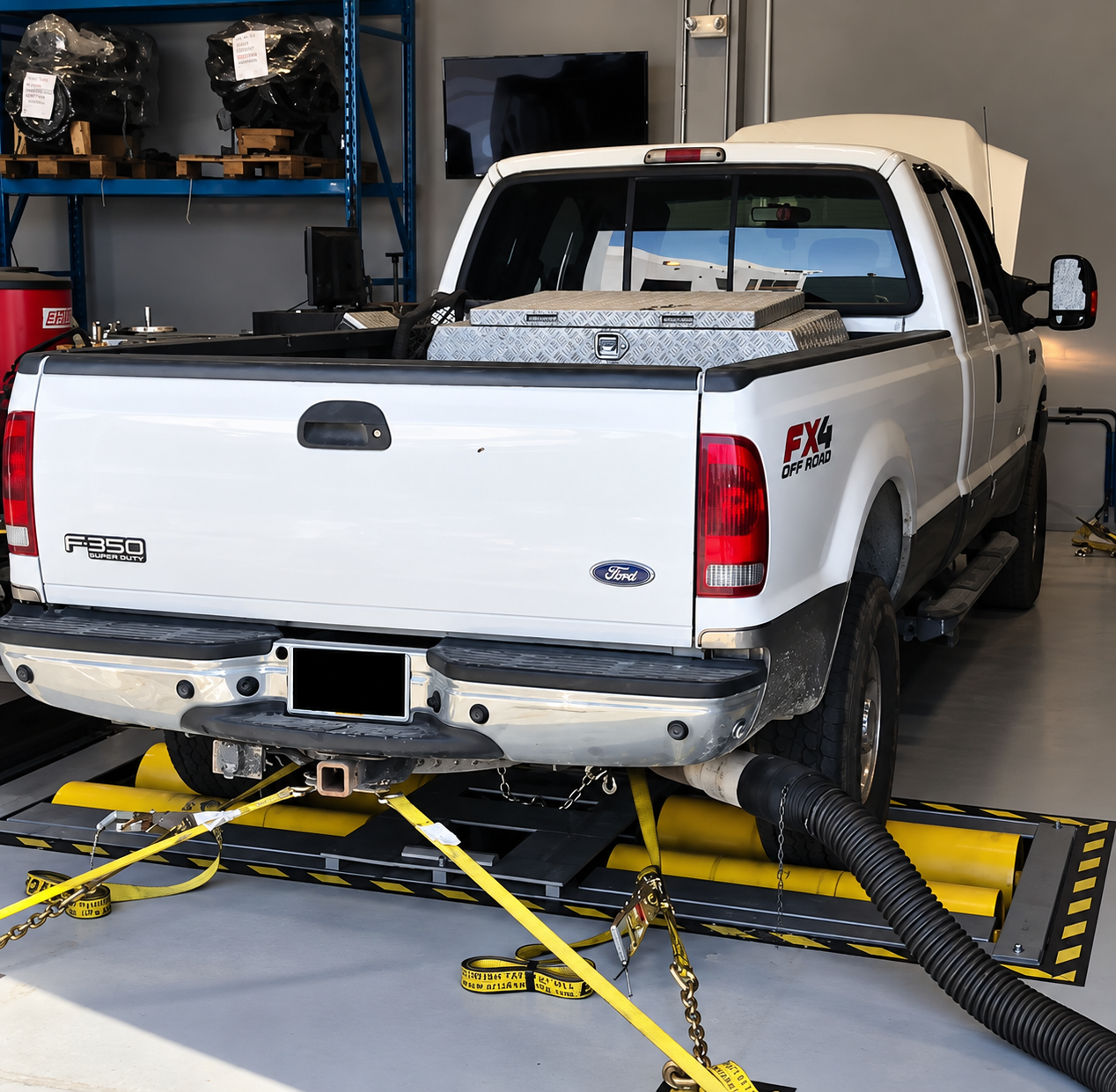Ford F-350 on Bernhausen's in-house dyno for diagnostic testing