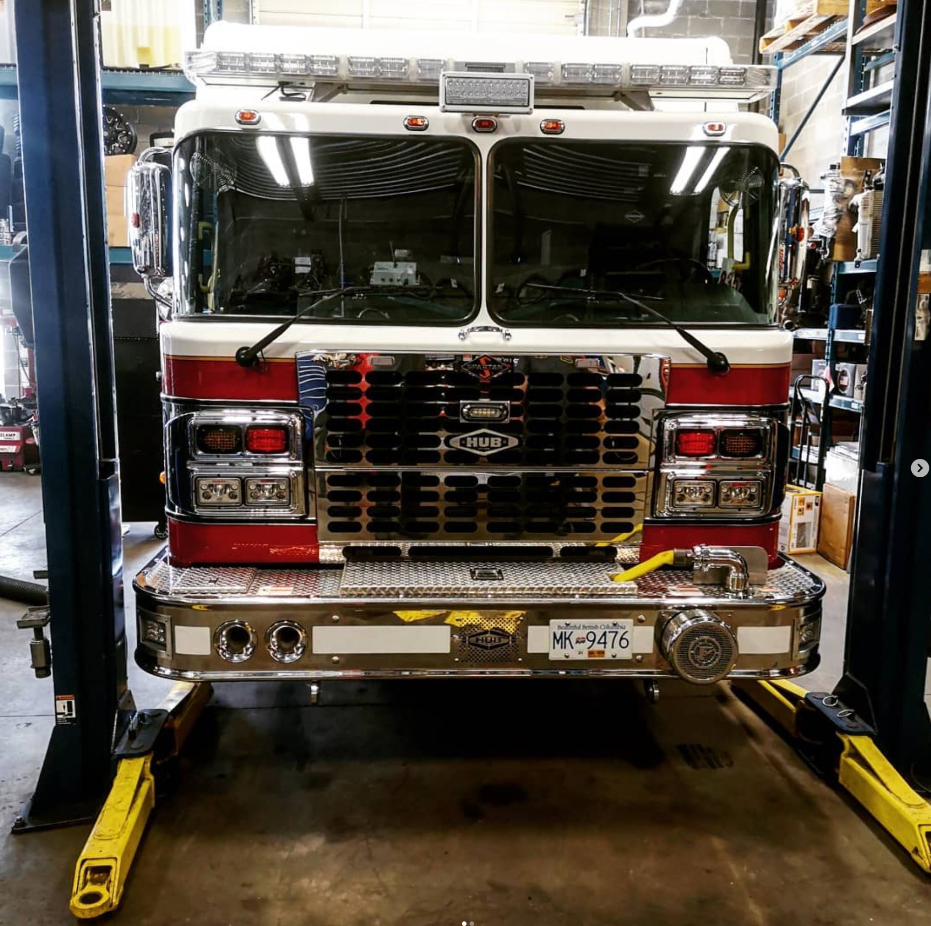 Fire truck being serviced inside Bernhausen Specialty Automotive