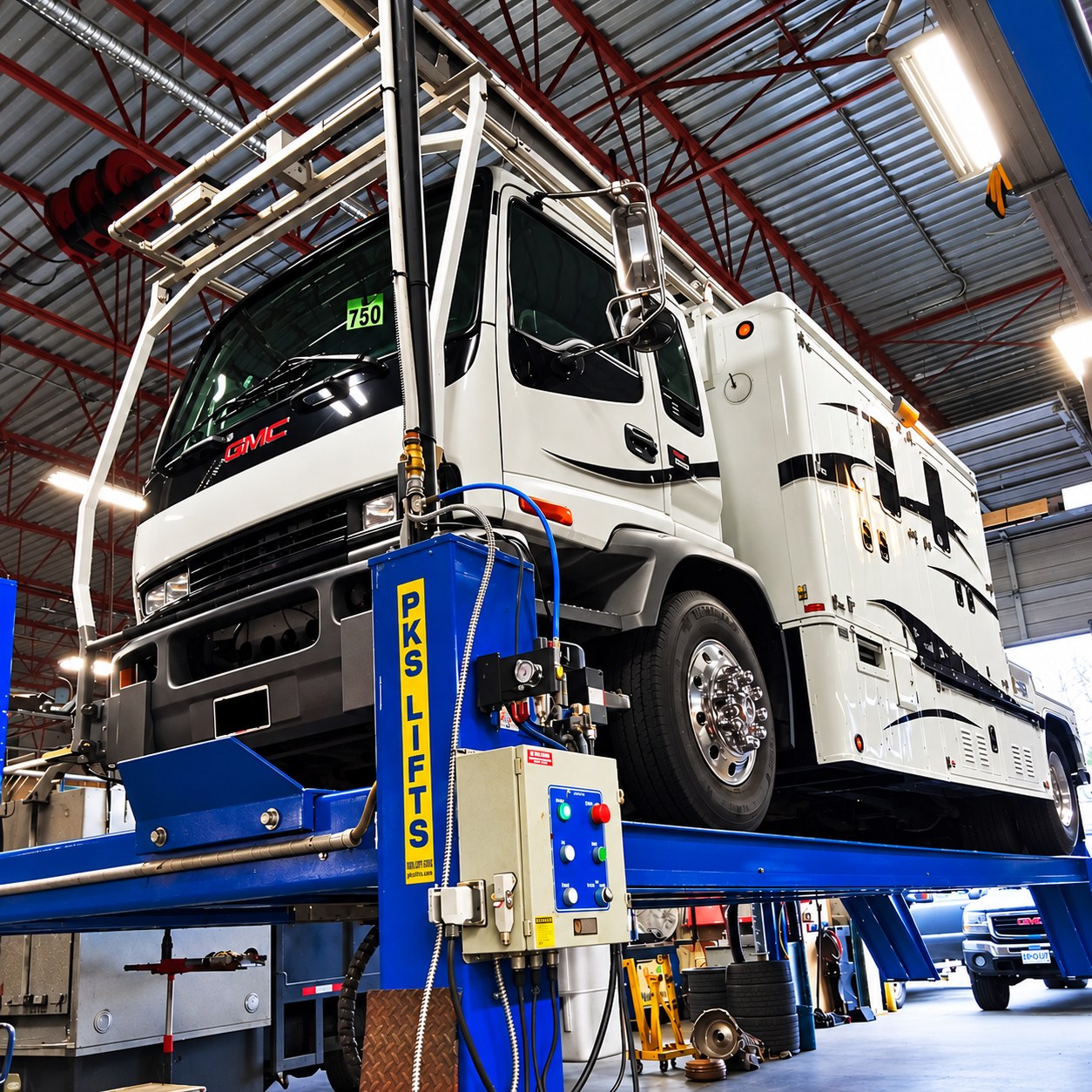 Medium-duty work vehicle on a shop lift